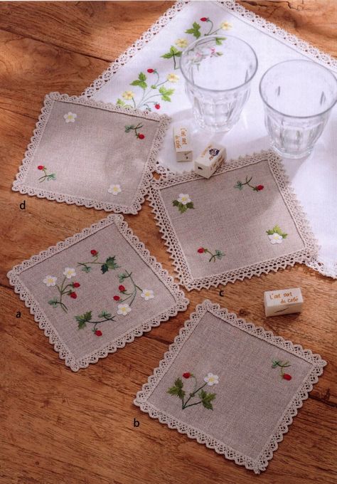 Coaster Embroidery, Handkerchief Embroidery, Embroidery Napkins, Sulaman Pita, Wild Strawberry, Embroidery Book, Hand Embroidery Projects, Hand Embroidery Flowers, Pola Sulam