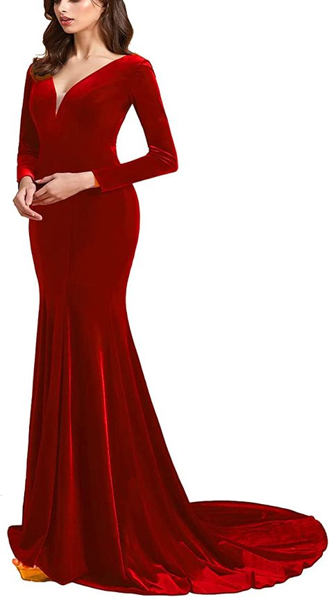 Amazon Formal Dresses, Mermaid Dresses Formal, Velvet Gowns, Velvet Prom Dress, Prom Dresses Long Mermaid, Evening Gowns With Sleeves, Prom Long, Evening Party Gowns, Red Velvet Dress