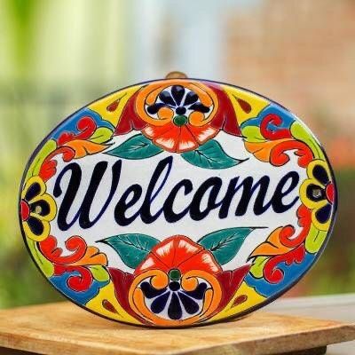 Talavera Pottery Garden, Talavera Wall Decor, Mexican Backyard, Talavera Decor, Talavera Art, Talavera Design, Mexican Kitchen Decor, Central Message, Welcome Wall