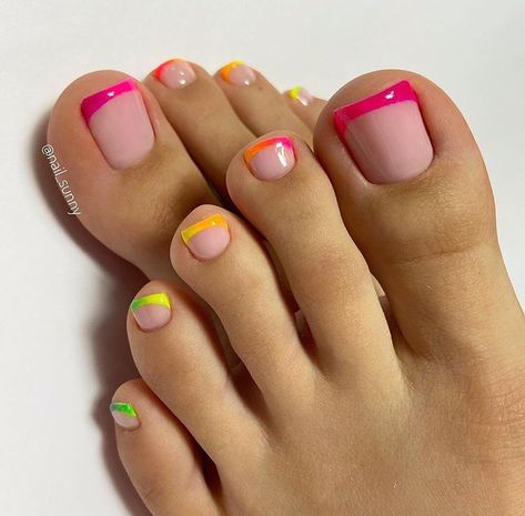 Neon French Pedicure, Rainbow Pedicure Toenails, Neon Pedicure Toenails, French Pedicure Ideas, Rainbow Toe Nails, Neon Toe Nails, Toenail Polish Designs, French Toe Nails, Rainbow French