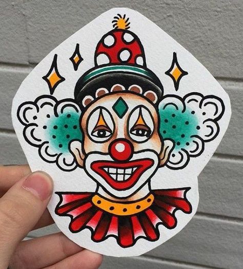 Clown Tattoo Traditional Flash Art, Traditional Style Clown Tattoo, Clown Flash Art, Circus Clown Tattoo, Old School Clown Tattoo, Trad Clown Tattoo, American Traditional Clown Tattoo, Clown Tattoo Traditional, Circus Tattoo Traditional