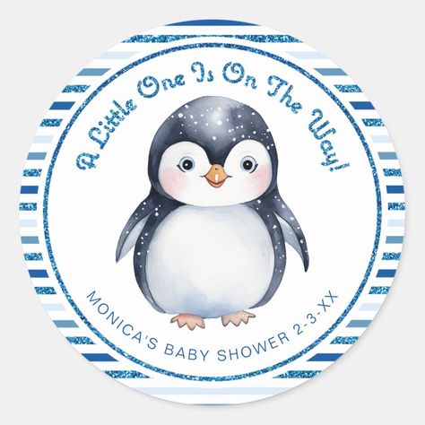 Penguin Baby Showers, Penguin Baby, Baby Shower Stickers, Cute Penguin, Baby Penguins, Baby Shower Winter, Cute Penguins, Shower Design, Baby Winter