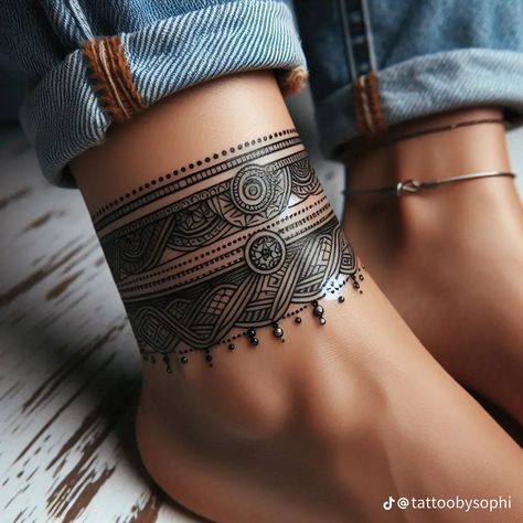 Ankle Cuff Tattoo Mandala, Leg Cuff Tattoo, Ankle Ornamental Tattoo, Cuff Tattoo For Women, Mandala Cuff Tattoo, Ankle Tattoo Mandala, Ankle Tattoos For Women Wrap Around, Ankle Cuff Tattoo, Fem Tattoos