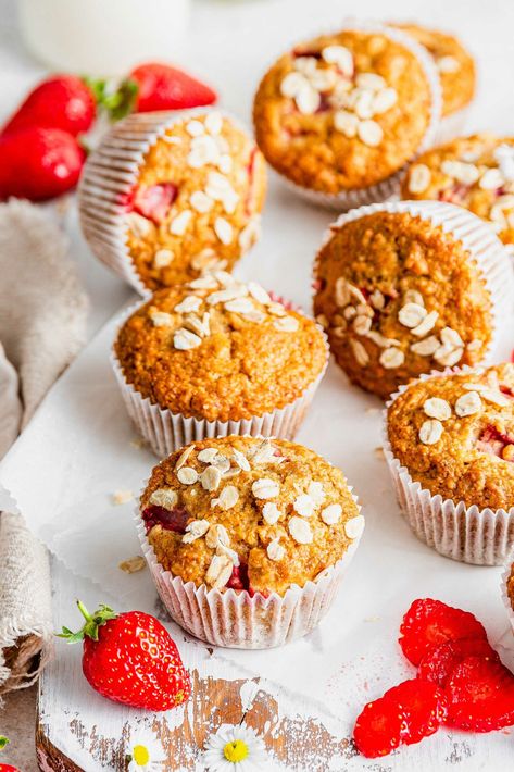 Strawberry Coconut Muffins, Strawberry Oatmeal Muffins, Strawberries And Cream Oatmeal, Oatmeal Breakfast Muffins, Strawberry Oatmeal, Strawberry Muffins, Table For Two, Healthy Strawberry, Strawberry Mint