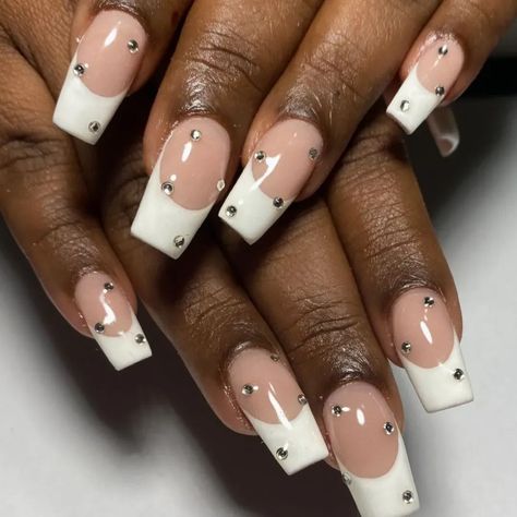 white french nails with rhinestones White Coffin French Tip, White Coffin French Tip Nails, Nail Ideas For Natural Nails, Ideas For Natural Nails, French Tip Nails With Rhinestones, French Tips With Rhinestones, French Tip With Rhinestones, Graduation Board, Square Gel Nails