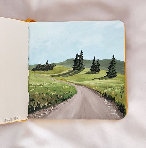 #gouache #gouachepainting #landscapepainting #road #meadow #pine #trees #sunnyday #green #painting Easy Gouache Landscape, Roadside Painting, Easy Gouache Painting Ideas For Beginners, Gauche Landscape, Guache Landscape, Gouache Painting Landscapes, Simple Gouache, Maine Painting, Gouache Landscape Painting