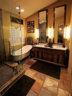 Foothills Mountain Ranch Bathroom Remodel - rustic - bathroom - phoenix - by The Edge Remodeling Tuscan Style Bathroom, Tuscan Bathroom Ideas, Tuscan Bathroom Decor, Tuscan Home Decor Ideas, Bathroom Chandeliers, Tuscan Home Decorating, Style Toscan, Tuscan Bathroom, Tuscan Farmhouse