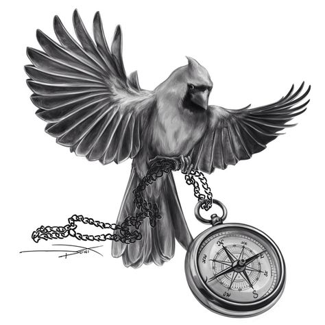 Omg love this my grandpa loved birds and always had a compass to "know where he's going" this would be a cool memorial tattoo for him Tattoo Cardinal, Cardinal Bird Tattoos, Tattoo Designs Black And White, Vintage Tattoo Sleeve, Red Bird Tattoos, Cardinal Tattoo, Designs Black And White, Cardinal Tattoos, Vogel Tattoo