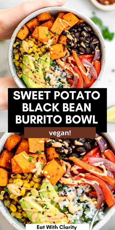 These vegan sweet potato burrito bowls are easy to make, have black beans, roasted veggies and finished with homemade cashew queso. These buddha bowls are perfect for meal prep. Burrito Bowl Sauce Recipe, Sweet Potato Burrito Bowl, Potato Burrito Bowl, Black Bean Burrito Bowl, Bean Burrito Bowl, Delicious Bowls, Ftdi Recipes, Potato Burrito, Sweet Potato Bowl