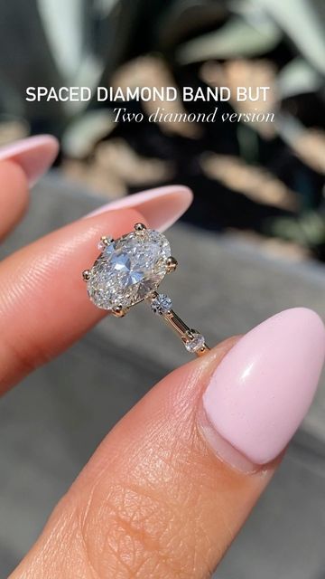 Golden String Inc on Instagram: "Seen our Original loved Spaced Diamond Band? Say Hello to our new version with 2 diamonds on each side rather than 3! Gives it a minimal look that’s more solitaire-like! •2ct Oval on our 2 Spaced Diamond Band The rings on our feed are custom therefore aren’t listed on our website! This ring is sold but the best way to order another is through DM, Email, or Phone. Available in both Natural and Lab Diamond -Please Message All Price Inquiries✨ #haloring #ova Spaced Diamond Wedding Band With Engagement Ring, Oval Ring With Spaced Diamond Band, Spaced Out Diamond Engagement Ring, Engagement Rings Spaced Diamond Band, Oval Engagement Ring Spaced Diamonds, Engagement Ring With Spaced Out Diamond Band, Spaced Diamond Band Engagement Ring, Spaced Diamond Engagement Ring, Oval Engagement Ring With Spaced Out Diamond Band