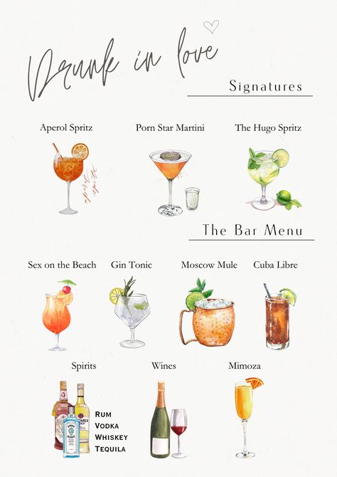 Popular Wedding Cocktails, Welcome Drinks Wedding, Cocktail Menu Wedding, Wedding Drink Ideas, Cocktail Menu Design, Signature Drinks Wedding, Drink Wedding, Cocktails Wedding, Wedding Signature Drinks