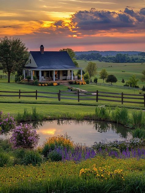 House With Land, Country Sunset, Country Vibes, Fence Designs, Farm Lifestyle, Dream Life House, White Picket Fence, Dream House Rooms, A Pond