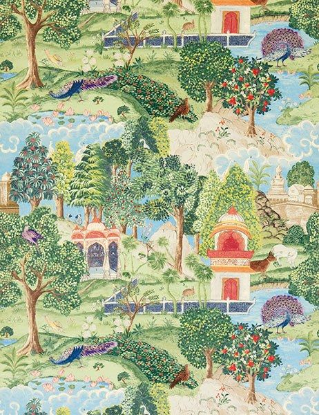 The exotic Peacock Garden, designed by muralist Melissa White, is available… Botanical Lounge, Zoffany Wallpaper, Zoffany Fabrics, Peacock Garden, Indian Garden, Ceiling Murals, Floor Murals, Garden Fabric, Coral Fabric