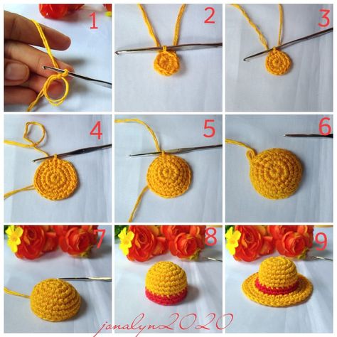 Witch Hat Crochet Pattern, Witch Hat Crochet, Luffy Straw Hat, Pola Topi, Pumpkin Crochet, Crochet Tutorial Pattern, Crochet Keychain Pattern, Mode Crochet, Crochet Design Pattern