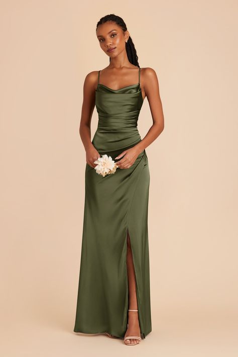 Lydia Olive Cowl Neck Matte Satin Bridesmaid Dress | Birdy Grey Olive Green Cowl Neck Dress, Silk Dark Green Bridesmaid Dresses, Sage Dark Green Bridesmaid Dresses, Birdy Grey Green Bridesmaid Dresses, Ochre Bridesmaid Dresses, Sage Green Bridesmaid Dresses Long, Sage Green Teen Bridesmaid Dresses, Fall Color Palette Bridesmaid Dresses, Bridesmaid Dress Colors Fall