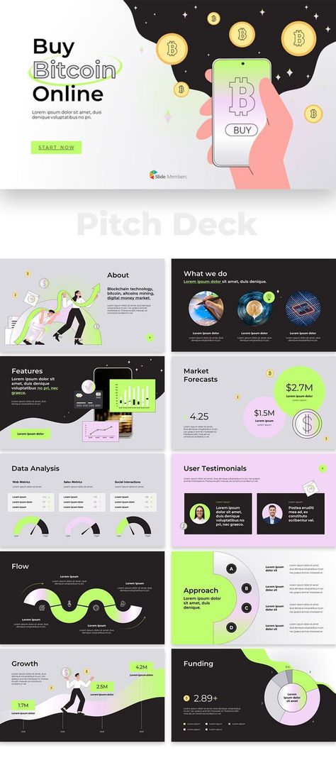 Pitch Deck Design Templates. get your own editable pre-designed slides. #SlideMembers #Pitchdeck #Bitcoin #Online #Payments #Finance #Blockchain #Cryptocurrency #BTC #P2P #NFT #Stock #Business #Professional #Simple #Minimalist #Infographics #Diagram #Project #Portfolio #Investment #Professional #Background #Layout #Slide #Design #Multipurpose #Proposal #BestPPT #BusinessPresentation #PPT #PPTdesign #freepresentation #Presentation #PPTtheme #Templates #PowerPoint #Investordeck #PPTdeck #freePPT Business Pitch Presentation, Pitch Deck Design, Investing Infographic, Startup Presentation, Pitch Deck Presentation, Pitch Presentation, Creative Proposals, Presentation Deck, Powerpoint Layout