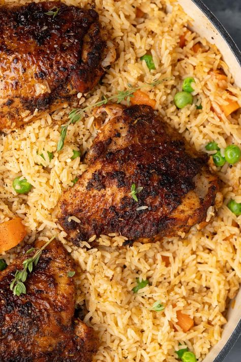 Baked Chicken And Rice Recipes Easy, Baked Chicken Thighs And Rice, Oven Baked Chicken And Rice, Broiled Chicken Thighs, Oven Baked Rice, Baked Chicken And Rice, Chicken Leg Quarter Recipes, Cajun Chicken And Rice, One Pot Chicken And Rice