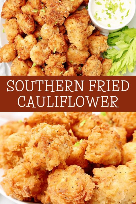 Southern Fried Cauliflower ~ Fresh cauliflower double battered and fried to crispy perfection! Vegetarian and Vegan. 🌱 Deep Fried Vegetables Recipes, Cauliflower Batter Recipe, Battered Cauliflower Recipes, Fried Vegetables Batter, Fry Cauliflower Recipe, Deep Fried Cauliflower Recipes, Fresh Cauliflower Recipes, Batter Cauliflower, Deep Fried Veggies