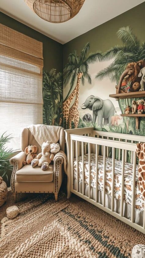 nursery with jungle mural, animal decor, and earthy textures Whimsical Nursery Ideas, Jungle Theme Baby Room, Zoo Nursery Theme, Baby Rooms Ideas, Jungle Nursery Boy, Enchanting Nursery, Jungle Theme Rooms, Kids Jungle Room, Safari Nursery Boy