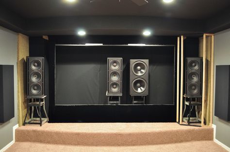 Hiding front speakers.  1 of 2. Basement Home Theater, Home Theater Room Design, Theater Rooms, Theater Room Design, Screen Wall, Floor Standing Speakers, Home Cinema Room, Projection Screens, Home Theater Speakers