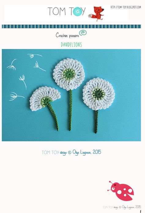 TomToy : Crochet dandelion Crochet Dandelion Pattern Free, Crochet Dandelion, Crochet Embellishments, Crochet Flowers Easy, Dandelion Flower, Knitted Flowers, Flower Diy, Crochet World, Crochet Flower Patterns