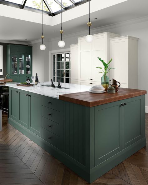 Heritage Green And Porcelain Kitchen | Clara Range | The Kitchen Depot Green Shaker Kitchen, Modern Classic Kitchen, Kitchen With Large Island, New Kitchen Doors, Traditional Style Kitchen, Dark Green Kitchen, Green Kitchen Decor, Bespoke Kitchen Design, Shaker Style Kitchens