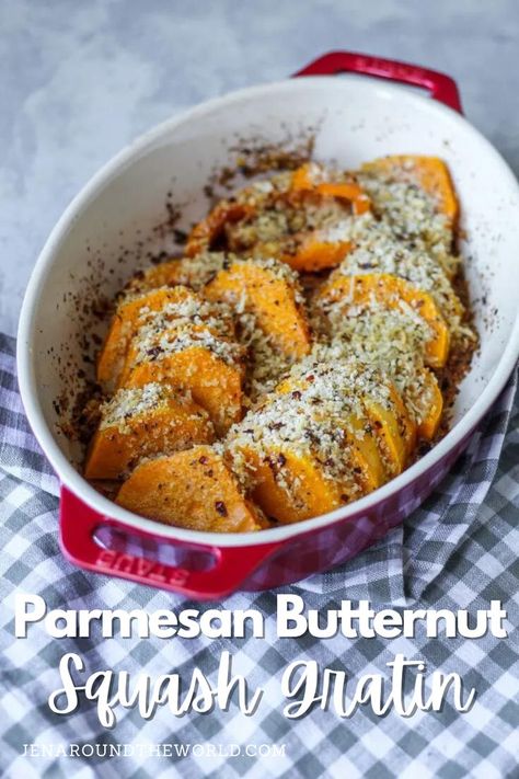 Parmesan Butternut Squash Gratin — Beautiful butternut squash, sliced and roasted with a panko-crusted Parmesan cheese topping. This is a great side dish for your holiday meal plan. Parmesan Butternut Squash, Squash Gratin, Butternut Squash Gratin, Holiday Meal Planning, Bread Toppings, Potato Pasta, Baked Squash, Parmesan Crusted, Cheese Topping