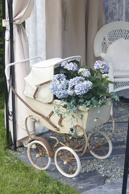 French Country Baby Shower Ideas, Hydrangea Cottage, Vintage Pram, Vintage Baby Shower, Color Boards, Baby Shower Vintage, Garden Inspo, Baby Buggy, Blue Cottage