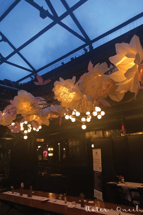 Hanging Paper Flowers Ceilings, Flower Ceiling Decor, How To Hang Flowers From Ceiling, Flower Ceiling Restaurant, Giant Flowers Wedding Decoration, Giant Flower Wedding Decor, Non Christmas Winter Decor, Giant Flower Installation, Nature Moodboard