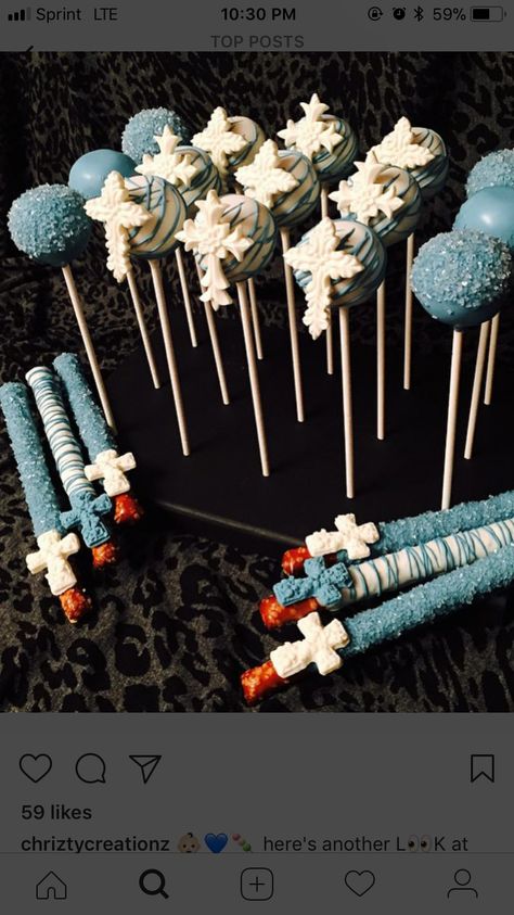 Baptism Cake Pops, Baptism Dessert Table, Baptism Desserts, Boy Communion Cake, Baptism Party Boy, Baptism Reception, Pretzel Chocolate, Confirmation Cake, Baptism Themes