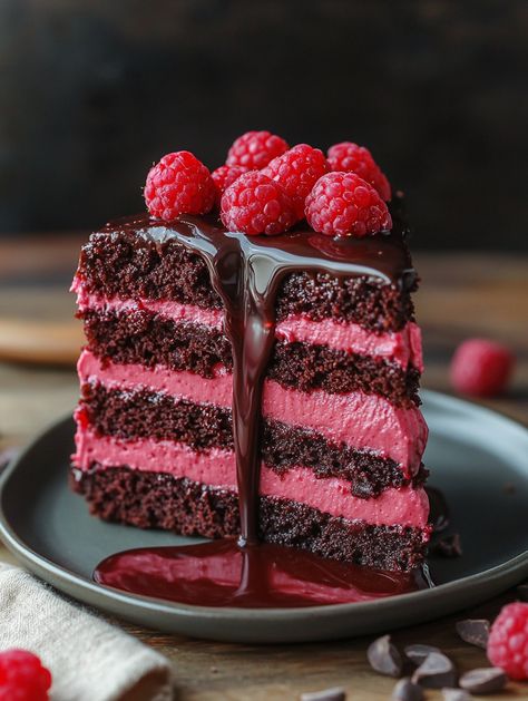 Raspberry Dream Cake   🍓 𝗜𝗻𝗴𝗿𝗲𝗱𝗶𝗲𝗻𝘁𝘀 🍓 Cake Layers: 1 recipe Bakery Style Yellow Cake 🎂 1 Recipe Fudge Brownies 🍫 1 Recipe Cream Cheese Icing 🧁 Ganache (optional): 4 ounces vegan chocolate 🍫 6 tablespoons plant milk 🥛 Garnish: Cacao nibs (optional) approx 1/2 cup 🍫 Fresh raspberries for garnish (4 ounces) 🍓 Raspberry Sauce: 12 ounces fresh or frozen raspberries 🍓 3/4 cup fresh or frozen cranberries (optional) 🍒 2 tablespoons granulated sugar 🍬 2 tablespoons water 💧 Chocolate Fruit Desserts, Cute Desserts Aesthetic, Unique Holiday Recipes, Fluffy Layers, Gourmet Sweets, Pop Cakes, Fruity Cake, Chocolate Raspberry Cake, Frozen Raspberries