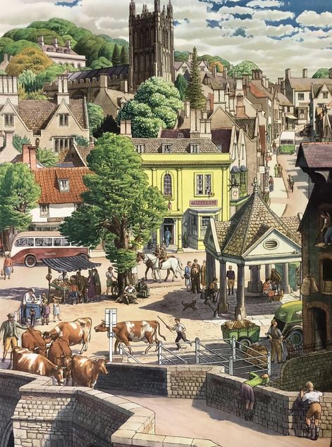 Town Drawing, Victorian Village, Countryside Paintings, Scene Drawing, English Village, Rural Scenes, Inspirational Artwork, Village Life, Sketchbook Inspiration