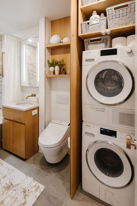 Washer Dryer In Bathroom, Small Bathroom With Washer And Dryer, Small Bathroom With Laundry, Dryer In Bathroom, Laundry Wallpaper, Washer Dryer Closet, Cabinets Laundry Room, Small Washer And Dryer, Washer Dryer Laundry Room