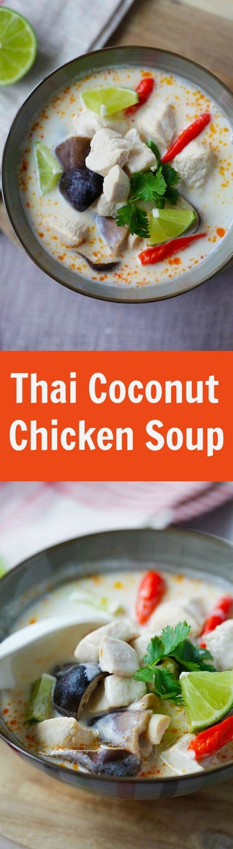 Tom Kha Gai hai -  BEST and EASIEST recipe for Thai coconut chicken soup with chicken, mushroom and coconut milk. 20 mins and better than restauarant's | rasamalaysia.com Coconut Chicken Soup, Thai Coconut Chicken Soup, Thai Coconut Chicken, Healthy Chicken Soup, Tom Kha Gai, Soup With Chicken, Tom Kha, Dairy Free Soup, Chicken Soup Recipe