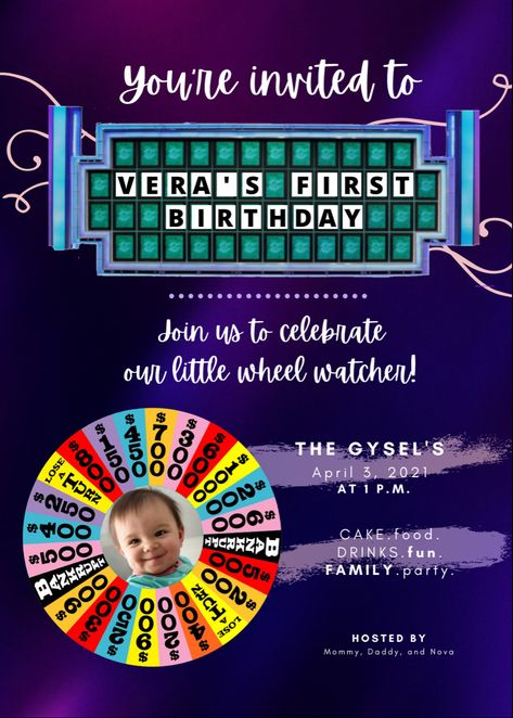 Email kittgriff@gmail.com for inquiry. Wheel of fortune invite for birthday - can design and customized any birthday or party invite Wheel Of Fortune Party Ideas, Wheel Of Fortune Birthday Party, Gameshow Party, Wheel Of Fortune Party, Baby Led Feeding, Invite Design, One Year Birthday, Birthday Stuff, Wheel Of Fortune