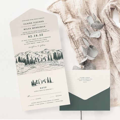 Hunter Green | Mountain Sketch Wedding All In One Invitation Mountain Sketch, Mountain Wedding Invitations, Dinner Party Invitations, Winter Wedding Invitations, Foil Invitations, Vine Design, Mountain Scene, Green Mountain, Green Rose