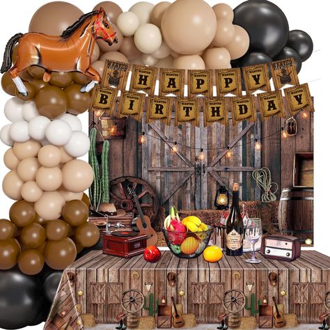 PRICES MAY VARY. 【WESTERN COWBOY Birthday Decorations 126PCS】Package includes: Western Backdrop x1, Western Tablecloth x1, Birthday Banner x1, 12in Balloons x40pcs, 10in Balloons x70pcs, 5in Balloons x10pcs, Horse Balloon x1, Dot Glue x1, Balloon Chain x1 【Premium Balloons】123pcs high quality Latex balloons to make a nice cowboy balloon arch. 【Exuisite Designed Tablecloth】The tablecloth measures 274x137cm. It's made of high-quality PE fabrics with vivid printing, lightweight, durable, washble an Cowboy Balloon Arch, Birthday Banner For Men, Western Backdrop, Cowboy Birthday Party Decorations, Western Party Decorations, Horse Balloons, Boys 1st Birthday Party Ideas, Cowboy Birthday Party, Birthday Cartoon