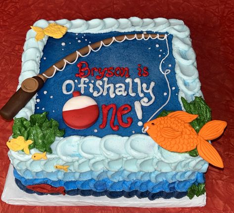 1st Birthday Fishing Theme, Birthday Fishing Theme, Fishing Theme Cake, Lake Cake, Birthday Fishing, Fishing Themed Birthday Party, Fishing Cake, Theme First Birthday, First Birthday Cake