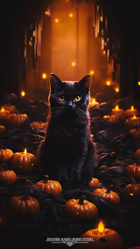 Embrace the enchanting spirit of autumn with this captivating image where a silky black cat, its amber eyes gleaming, lounges amidst a sea of little orange pumpkins in a dark spooky room. The contrast of black and orange evokes the essence of Halloween. Set this as your fall wallpaper or lock screen for a bewitching seasonal touch that captures the magic of the season | Fall Aesthetic | Halloween Wallpaper | Fall Backgrounds Iphone | Spooky Aesthetic Black And Orange Iphone Wallpaper, Halloween Animal Wallpaper, Fall And Christmas Wallpaper, Halloween Cat Backgrounds Wallpapers, Wallpaper Backgrounds Halloween Cute, Fall Black Cat Wallpaper, 4k Wallpaper Iphone Halloween, Cute Halloween Backgrounds Iphone, Halloween Cat Background