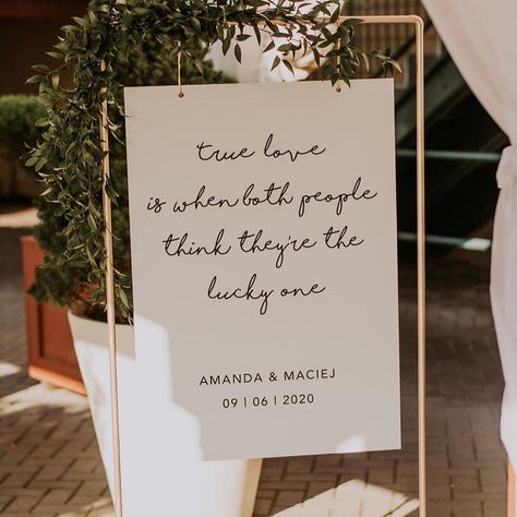 Greet your wedding guests with a romantic quote like this simple and elegant metal-framed wedding welcome sign. Complete it with greenery, your names and wedding date for a minimalist summer wedding look. Head to the link for more creative wedding welcome signs. // Photo: Connection Photography and Florals: J.R. Floral Designs Welcome Sign Ideas, Wedding Captions, Engagement Signs, Wedding Quote, Love Quotes For Wedding, True Love Is, Love Is When, Wedding Entrance, Future Wedding Plans