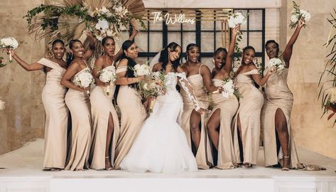 Neutral Wedding Bridesmaid Dress, Champagne And Green Bridal Party, Black Women Bridal Party, Black And Champagne Boho Wedding, Nude Bridesmaid Dress, Champagne And Black Bridal Party, Beige And Black Wedding Theme, Champagne Bridesmaid Dresses Black Women, Olive And Champagne Wedding