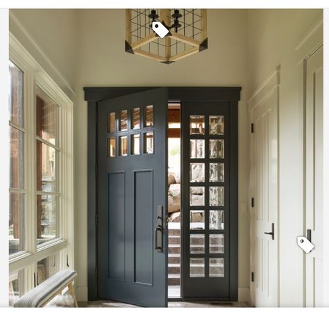 Benjamin moore Midnight Blue Unique Front Doors, Rustic Front Door, Front Door Interior, Front Door Paint Colors, Farmhouse Interior Design, Woodland Park, Painted Front Doors, Foyer Decorating, Lodge Style