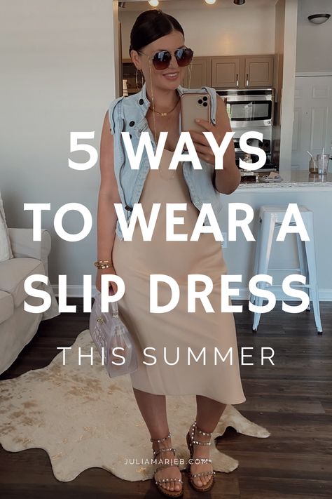 5 WAYS TO STYLE A SLIP DRESS FOR SUMMER: http://www.juliamarieb.com/2020/05/06/ro5:-slip-dress/ | @julia.marie.b Shirt Under Sundress Outfit, Dress Down Slip Dress, Casual Black Slip Dress Outfit, What To Wear Over Summer Dress, How To Wear Satin Slip Dress, Spring Slip Dress Outfit, Slip Dress Style Casual, Slip Dress Jean Jacket, Slip Dress With Belt Outfit