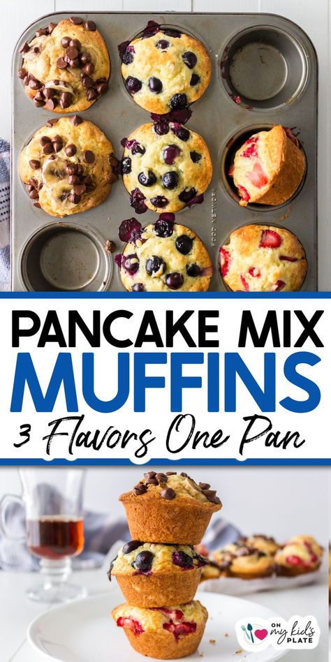 How To Make Muffins With Pancake Mix- Make more then one flavor of muffin all in the same pan with these super easy muffins. Use pancake mix as a base to make all different delicious flavors of muffins including banana chocolate, blueberry and strawberry! Perfect for breakfast or a snack. Strawberry Pancake Bites, Pancake Mix In Muffin Tin, Easy Pancake Muffins Breakfast, Pancakes In Muffin Tin Breakfast, Fast And Easy Muffins, Strawberry Pancake Muffins, Pancake Mix Into Muffins, Pancake Muffins Gluten Free, What Can I Make With Pancake Mix Besides Pancakes