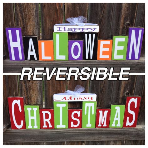 Diy Halloween Signs Wood, Reversible Decor, Christmas Wood Blocks, Reversible Blocks, Wood Block Crafts, Block Craft, Christmas Wood Crafts, Halloween And Christmas, Kids Wood