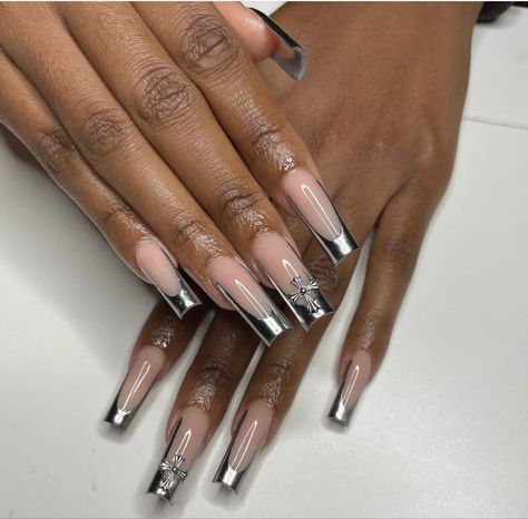 Metallic Nail Designs, Silver Tip Nails, Sliver Nails, Metallic Nails Design, Orange Acrylic Nails, Grey Acrylic Nails, Silver Nail Designs, Cross Nails, Metallic Nail