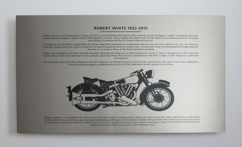 Chemically etched stainless steel plate with illustration of a motorbike. Accounting Office, Line Illustrations, Engraved Plaque, Marine Environment, Ral Colours, Stainless Steel Plate, Line Illustration, Steel Plate, Historic Homes