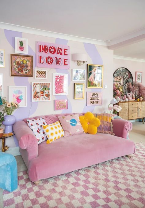 House Design Colourful, Fun Wall Color Ideas, Pink House Inspiration, Colorful Girly Living Room, Fun Apartment Decor Living Room, Funky Furniture Bedroom, Whimsical House Design, Retro Pastel Living Room, Pink Maximalist Living Room