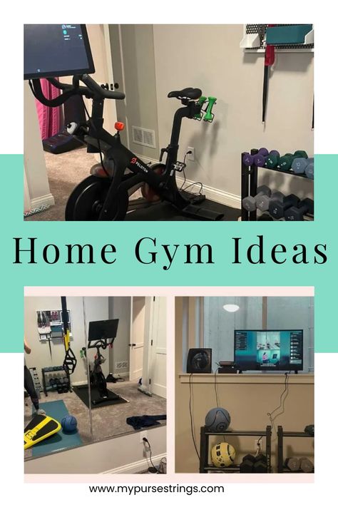 A home gym setup featuring an exercise bike with a screen, free weights on a rack, mirrored wall, and other fitness equipment, with text overlay "Home Gym Ideas" and the website "www.mypursestrings.com" at the bottom. Rv Workout, Peloton Home Gym, Gym Organization Ideas, Home Gym On A Budget, Dumbbell Workout At Home, Home Gym Ideas, Diy Gym Equipment, Home Gym Essentials, Dream Home Gym