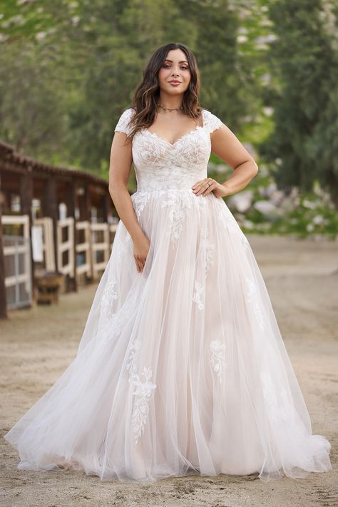 Lillian West - Style 66259PS: Tulle A-Line Plus Size Bridal Dress with Sheer Bodice and Chapel Length Train Plus Size Vintage Lace Wedding Dress, Putdoor Wedding Dress, Plus Size Outdoor Wedding Dress, Size 12 Bride Wedding Gowns, Cap Sleeve Wedding Dress Plus Size, Plus Size Wedding Dress Off Shoulder, Mid Size Bride Dress, Size 16 Wedding Dresses, Cap Sleeve A Line Wedding Dress